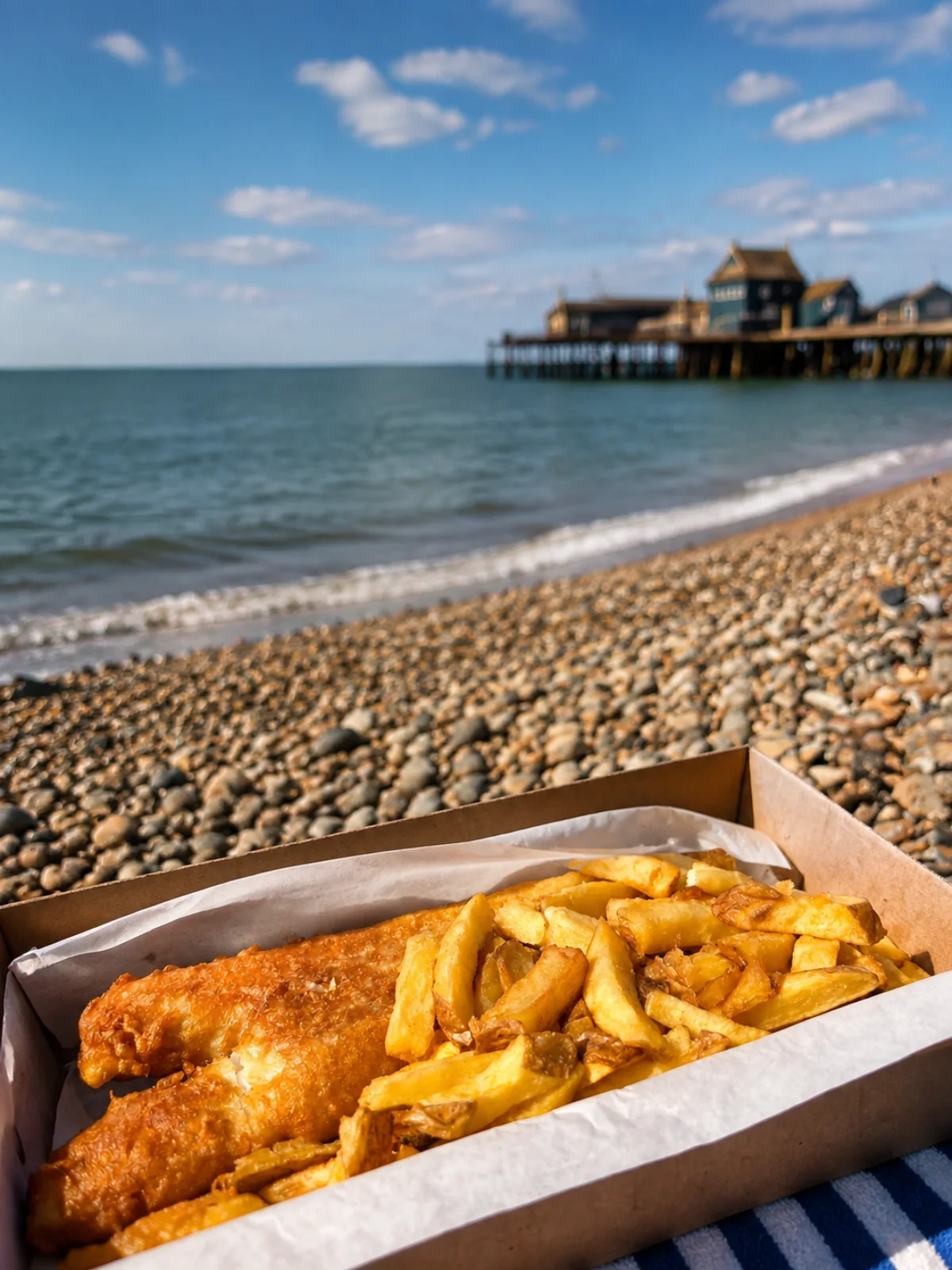 Freshly battered fish and chips beside Whitstable Harbour