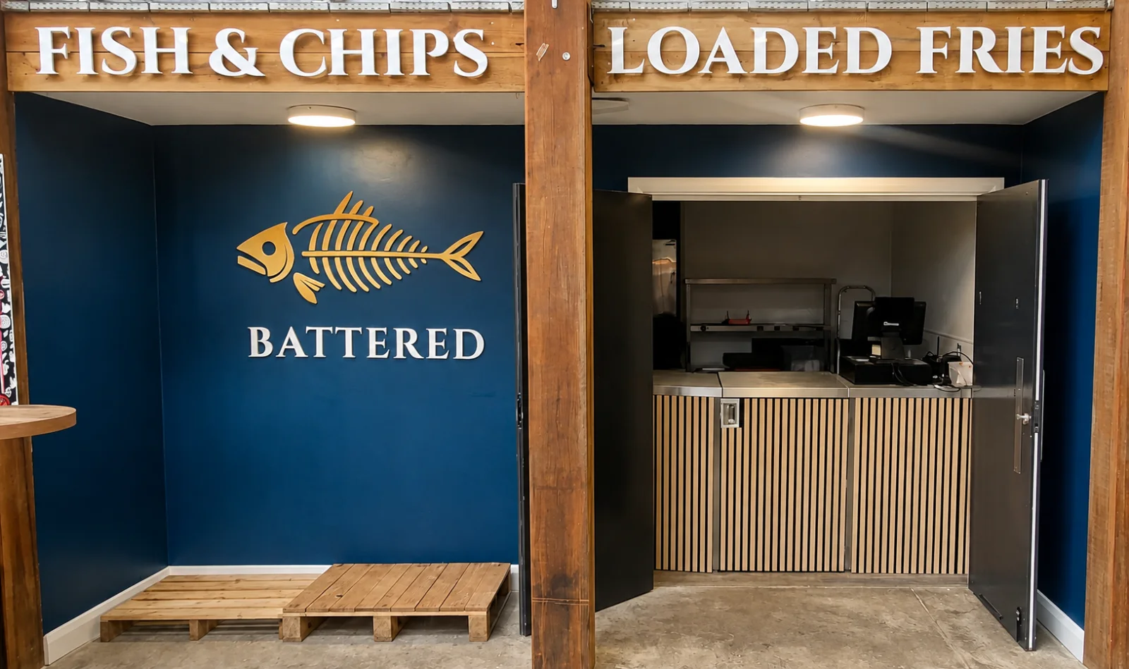 Battered fish and chips shop at South Quay Shed
