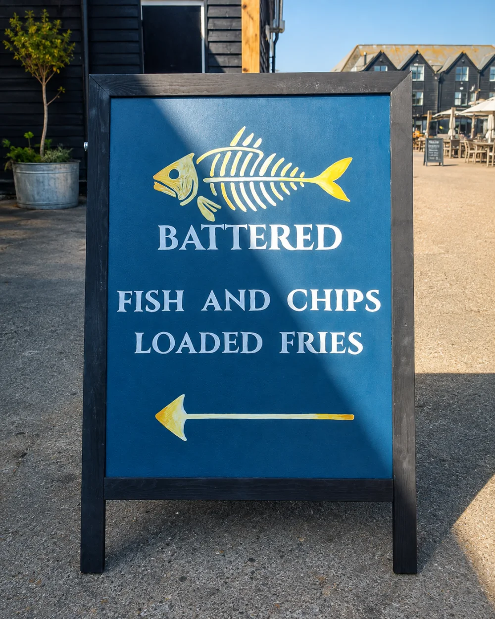 Battered pavement sign at Whitstable Harbour